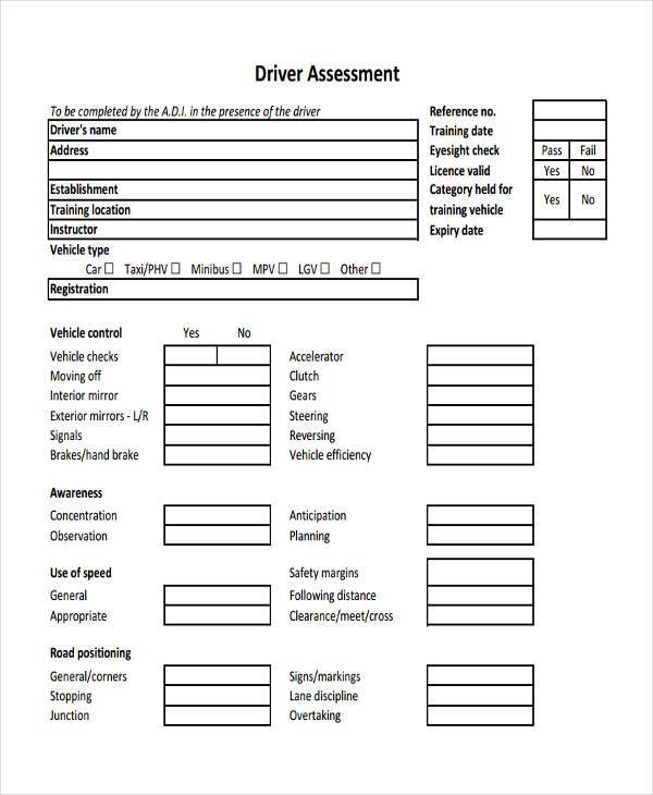 new driver assessment form