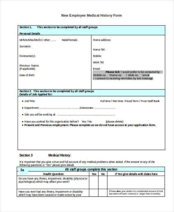 new employee medical history form