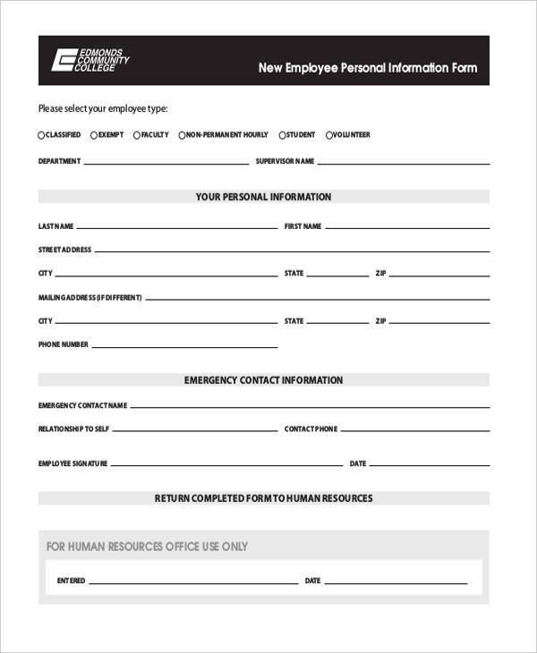 Printable Employee Personal Information Form - Printable Forms Free Online