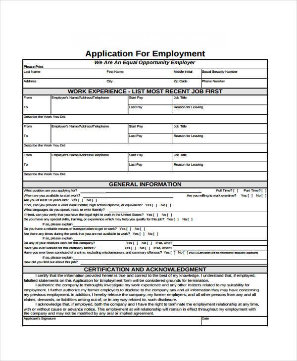 new employment application form free