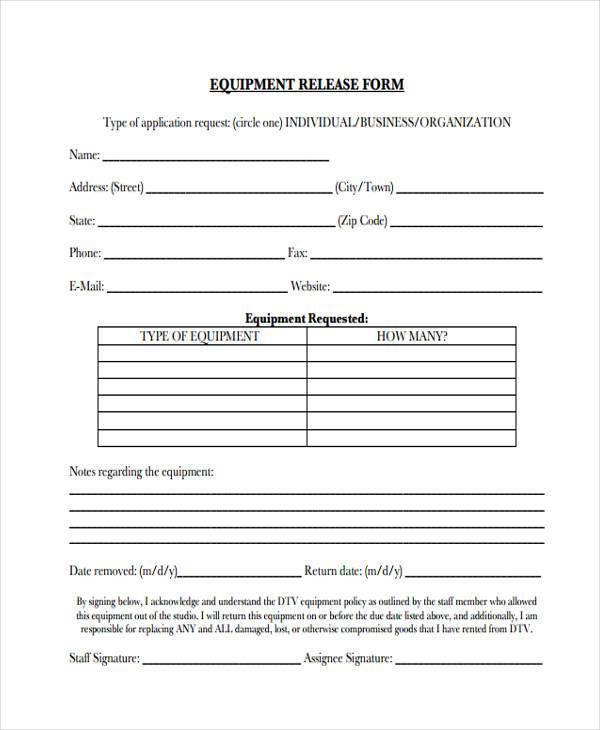 new equipment release form sample