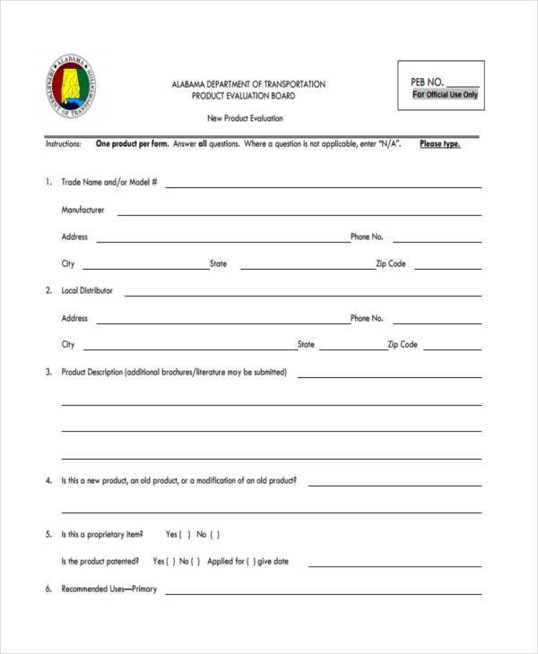 new product evaluation form sample