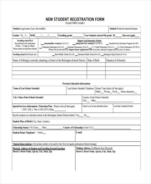 new student registration form sample