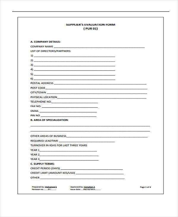 FREE 9+ Supplier Evaluation Forms in PDF Excel MS Word