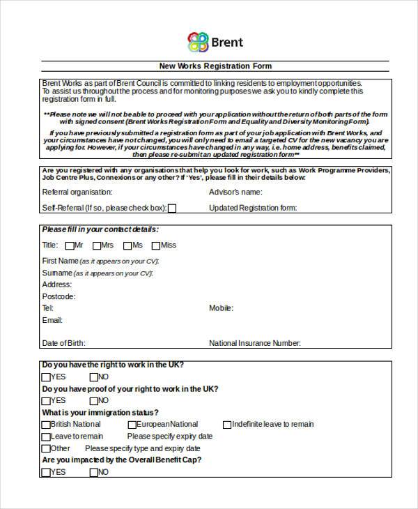 new work registration form