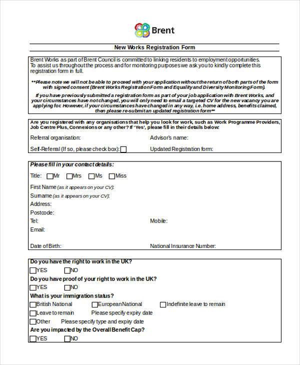 new work registration form