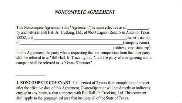 non compete agreement form samples