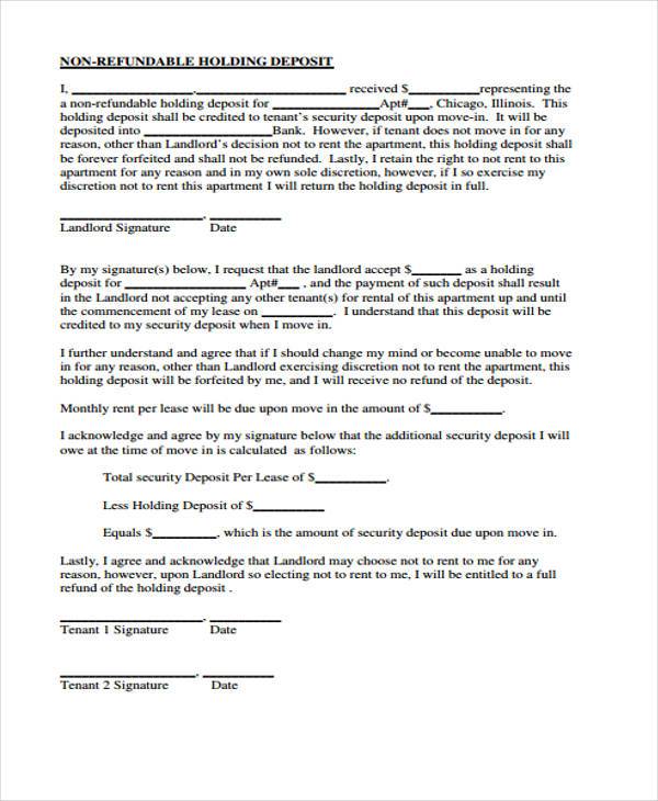 non refundable holding deposit agreement form