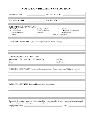 notice of disciplinary action business form
