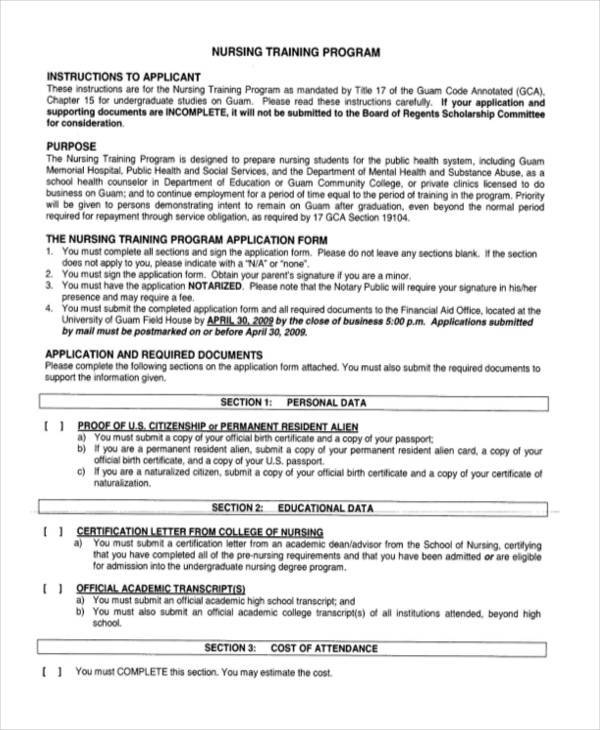 nursing training application form