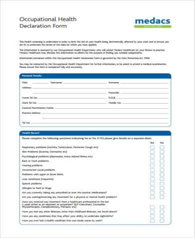 Free 9 Sample Health Declaration Forms In Ms Word Pdf Excel