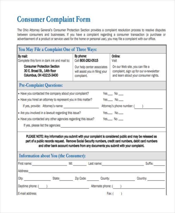 Printable Customer Complaint Forms