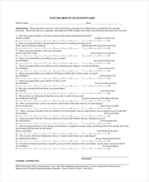 pain disability questionnaire form
