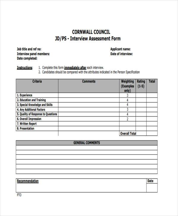 panel interview assessment form