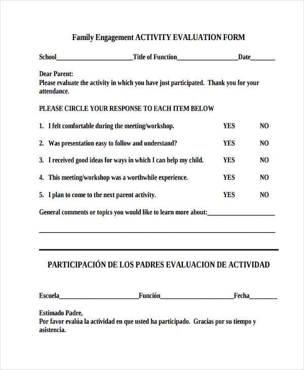 parent activity evaluation form