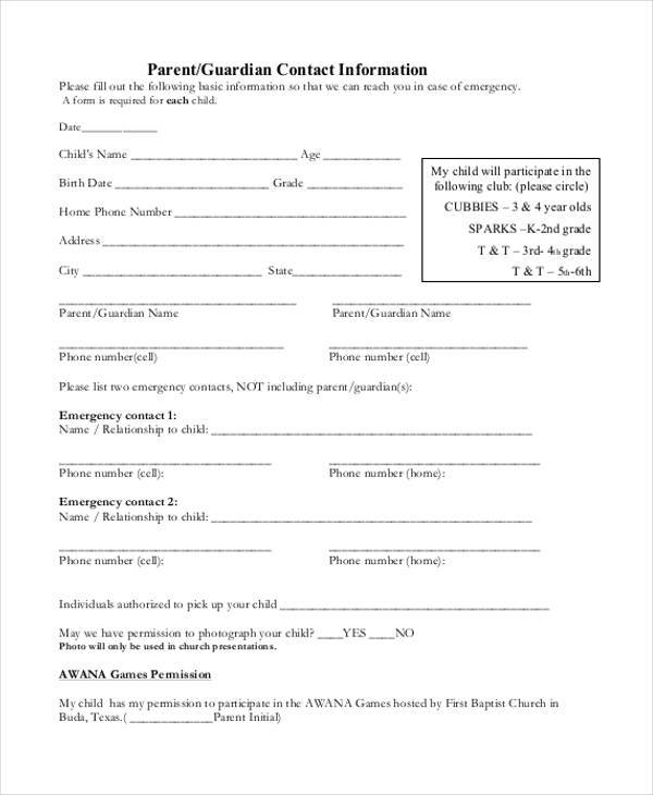 parent contact emergency release form