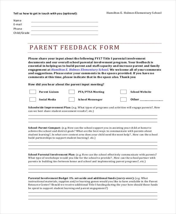 FREE 8 Sample Parent Feedback Forms In PDF MS Word