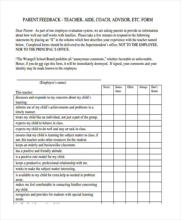 parent feedback form for teachers