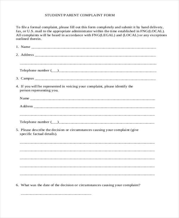 parent student complaint form