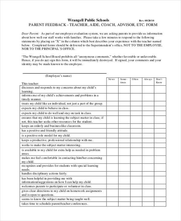parent teacher feedback form