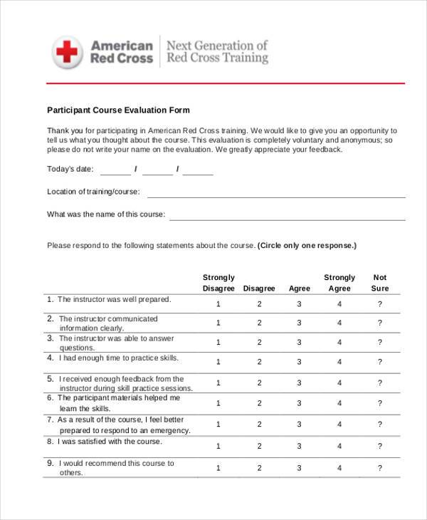 participant course evaluation form