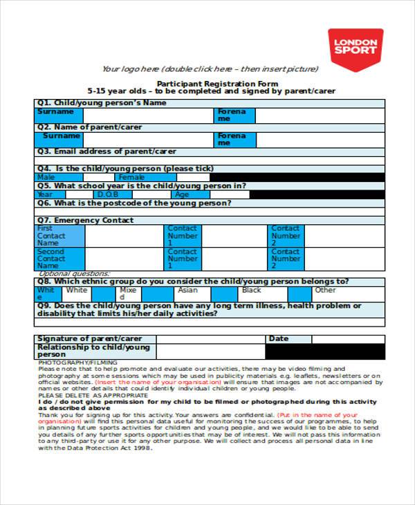 participant registration form sample