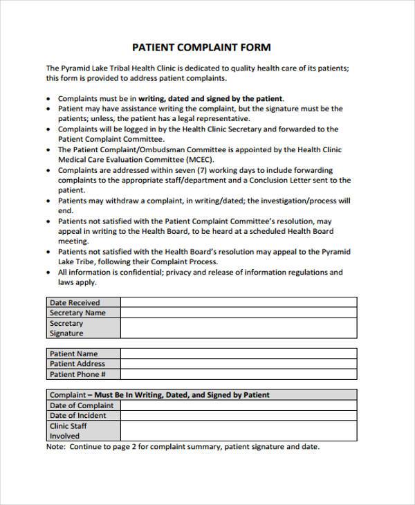 Free 8 Patient Complaint Forms In Pdf Ms Word 7481