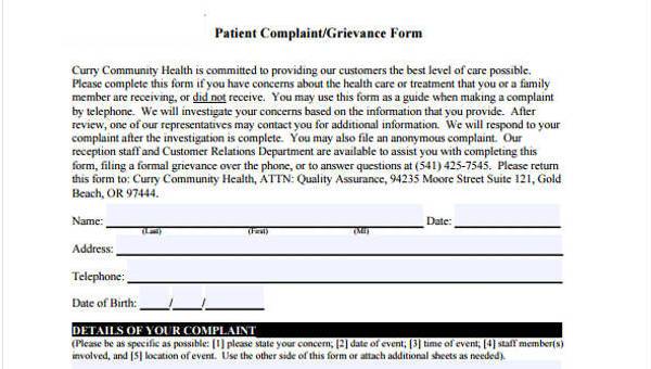 patient complaint form samples