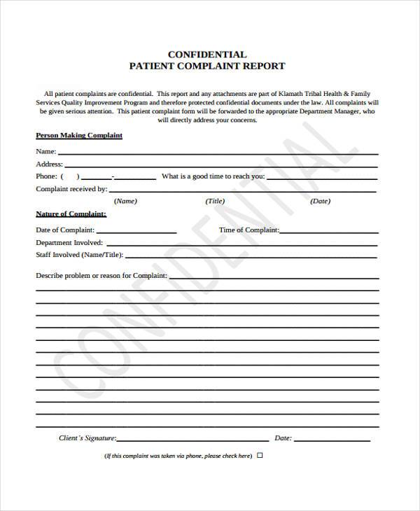 patient complaint reporting form samples