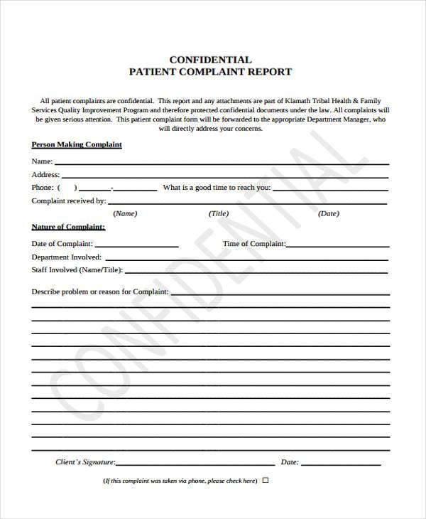 patient complaint reporting form
