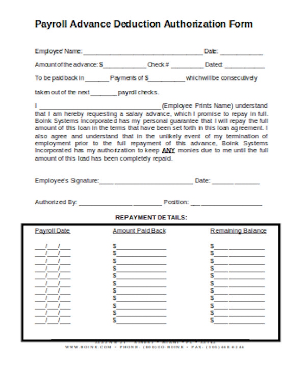 payroll advance deduction authorization form