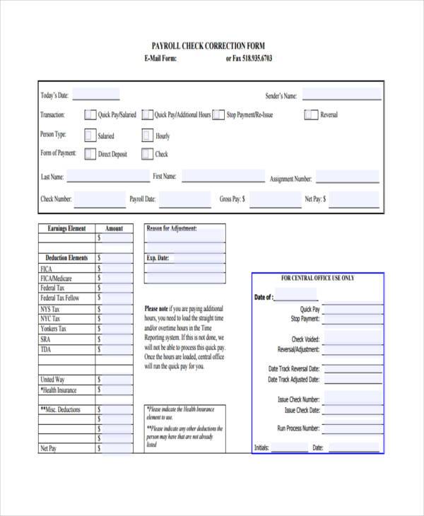 payroll check correction form