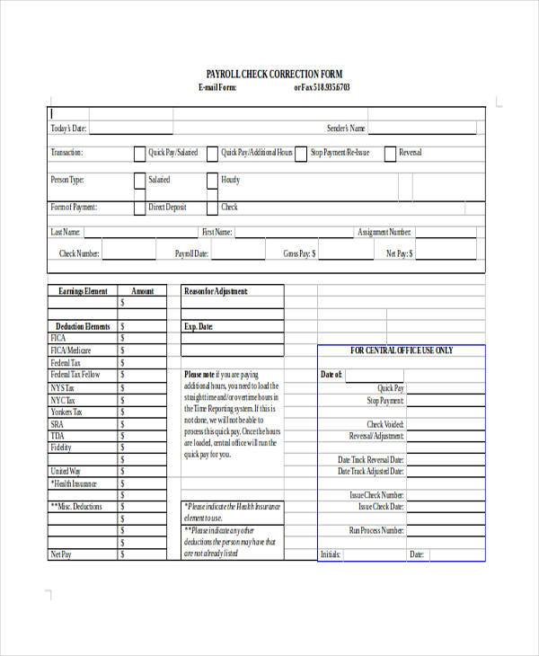 payroll correction form in doc