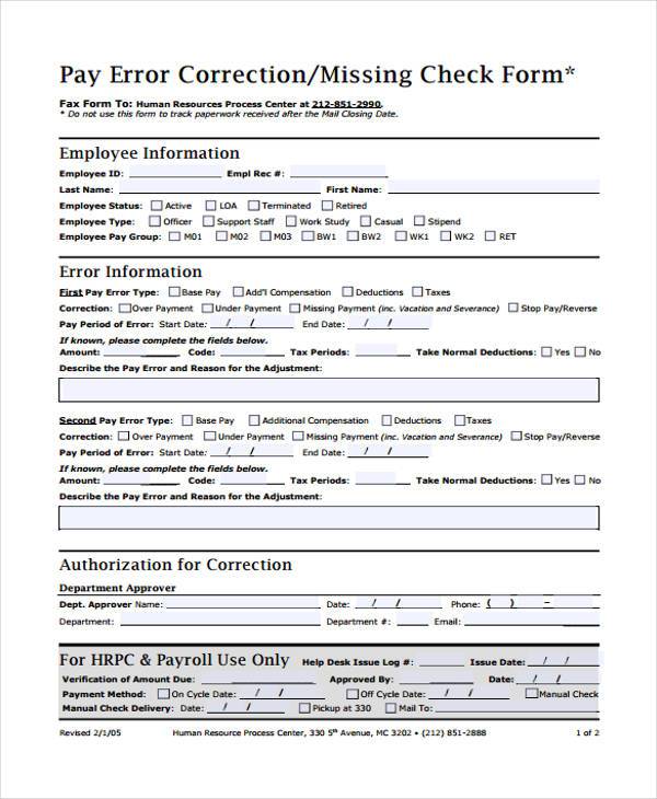payroll error correction form