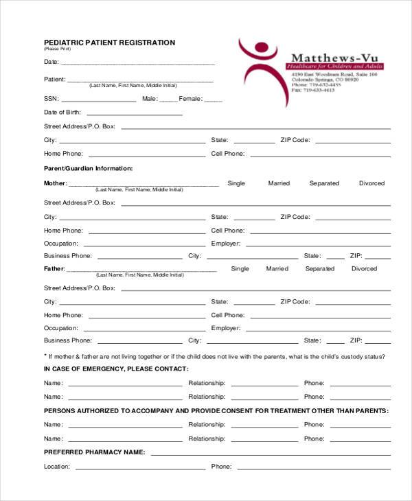 pediatric patient registration form template