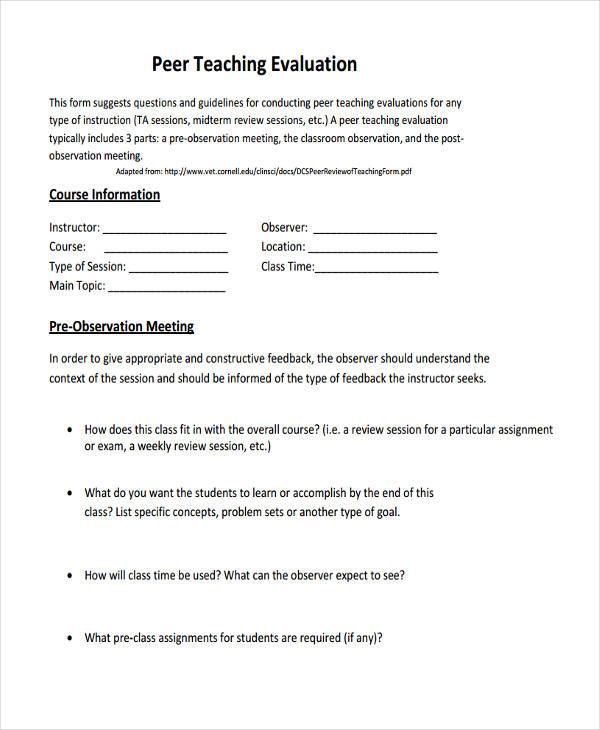 peer teaching evaluation form example