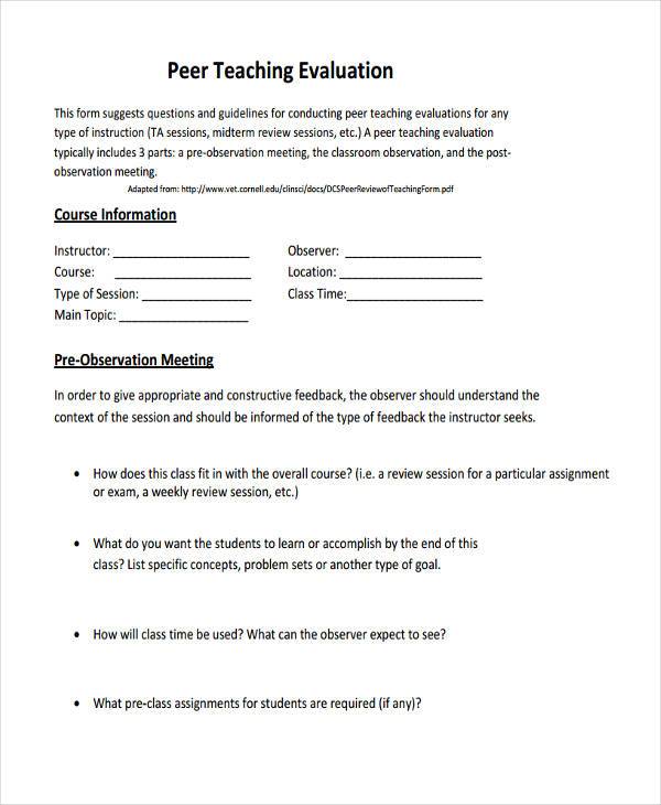 Teacher Peer Evaluation Form