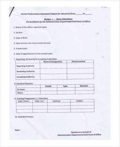 performance assessment report form