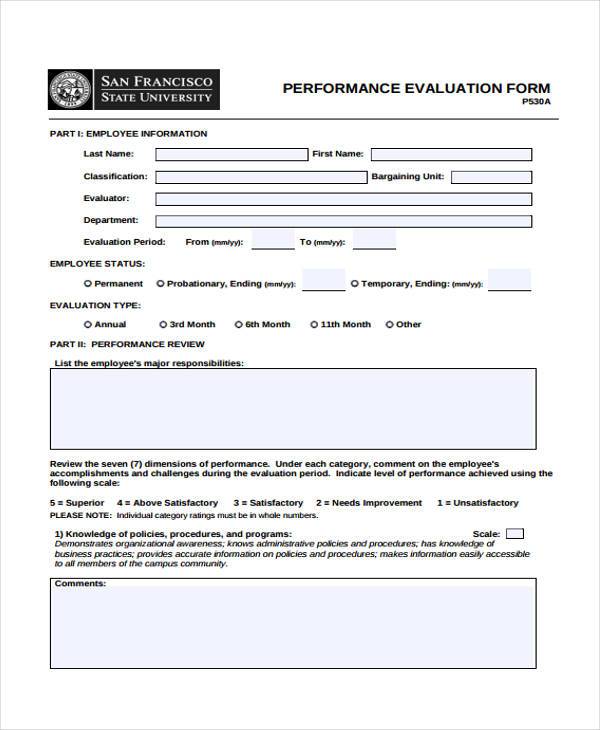 performance evaluation form sample