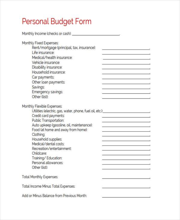 personal budget expense form