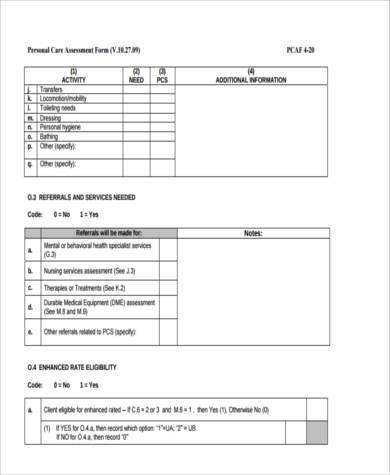 personal care assessment form