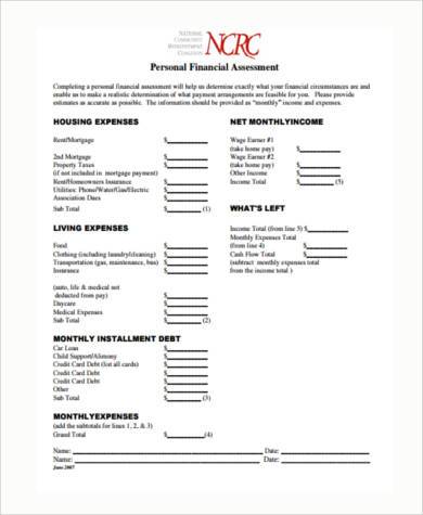 personal financial assessment form