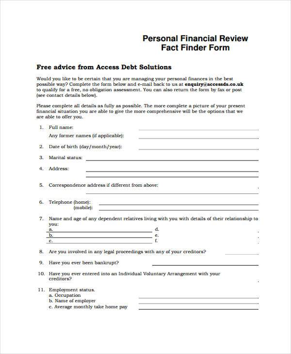 personal financial review form sample