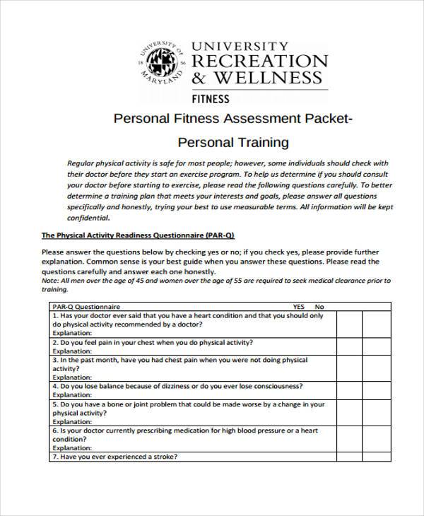 personal fitness evaluation form