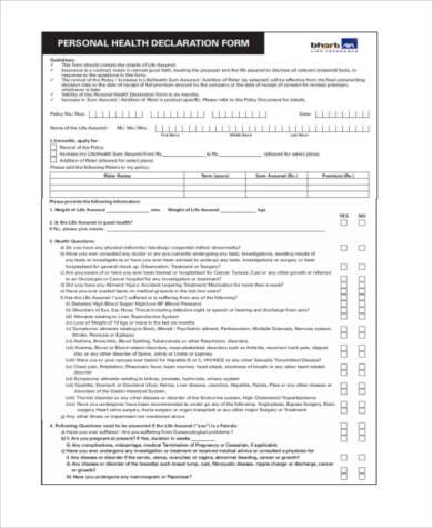 Free 9 Sample Health Declaration Forms In Ms Word Pdf Excel