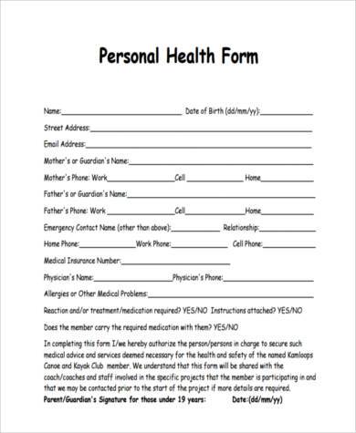 personal health form example