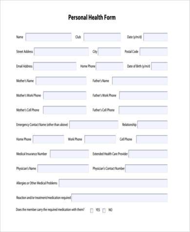 personal health form in pdf