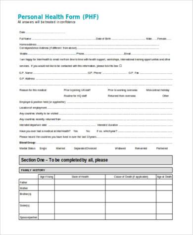 personal health form in word format