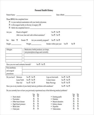 personal health history form