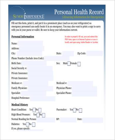 personal health record sample forms word ms pdf